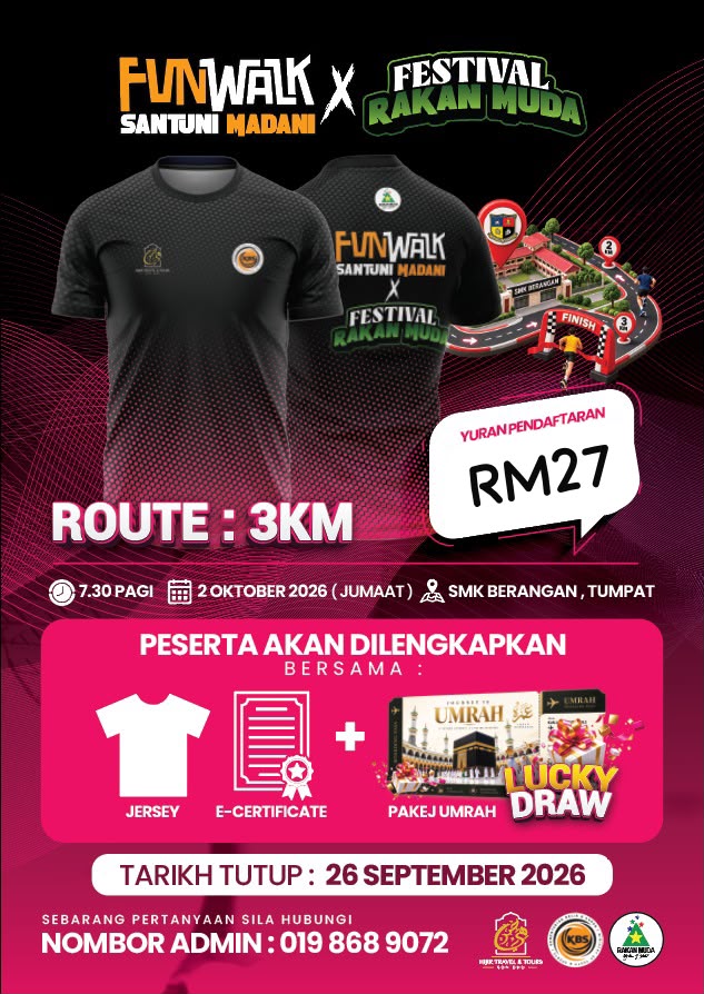 Poster rasmi FunWalk Santuni Madani 2026: jersi hitam-magenta depan dan belakang, harga RM27 sepax, laluan 3KM, SMK Berangan, Tumpat, 2 Oktober 2026, flag off 7:30 pagi